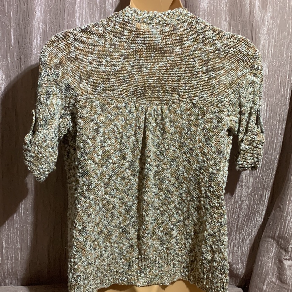 Chico's Sweater Cardigan Open Front Green Brown Cream Size 1 M Short Sleeve - Picture 9 of 14